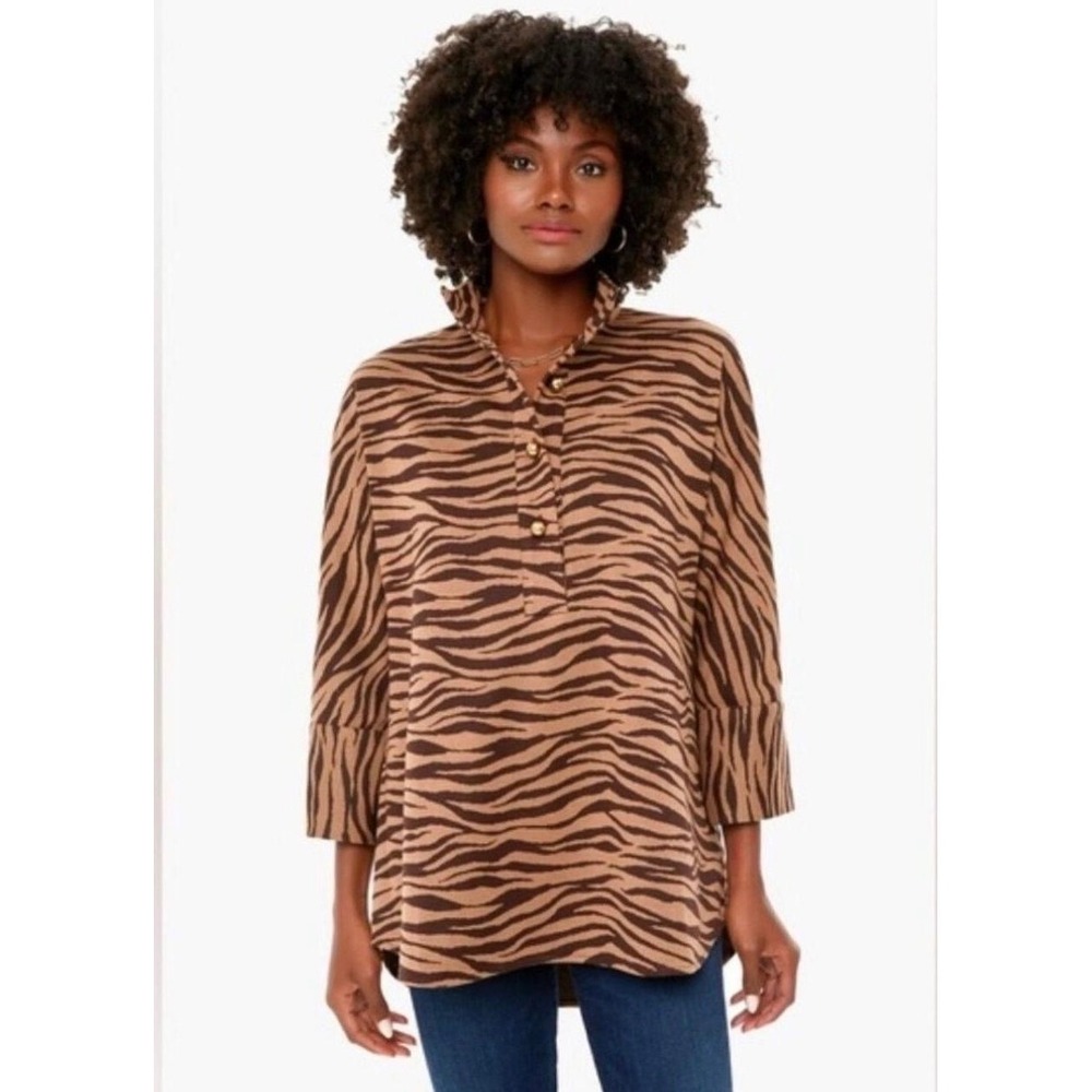 Tuckernuck Tiger Brown Willow Print Shirt Tan Gold Button Tunic Top Small NWT
